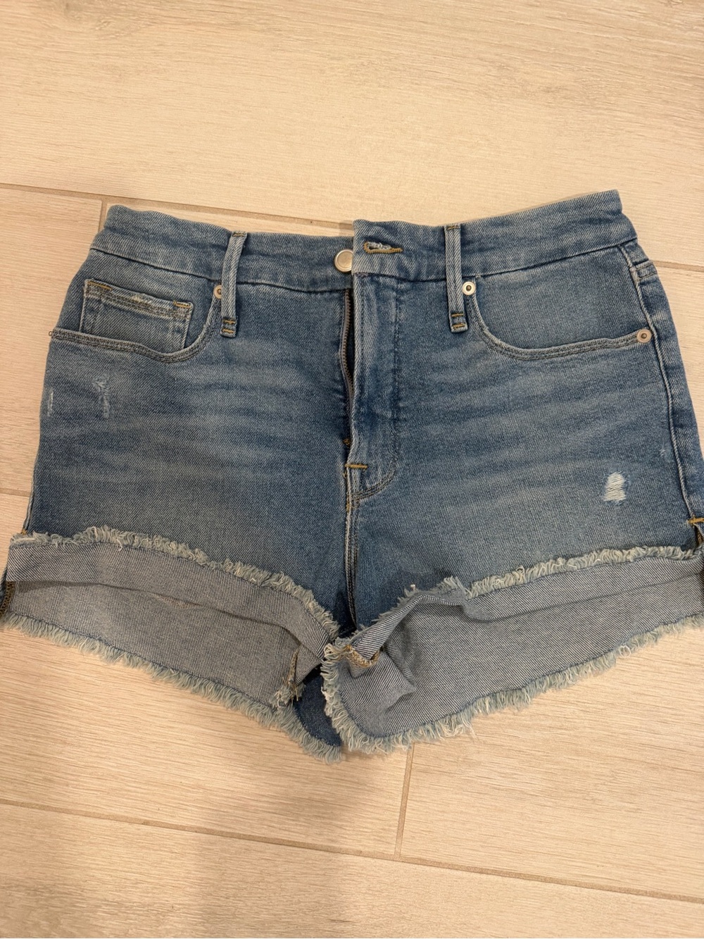 Good American Medium Blue Distressed Denim Shorts